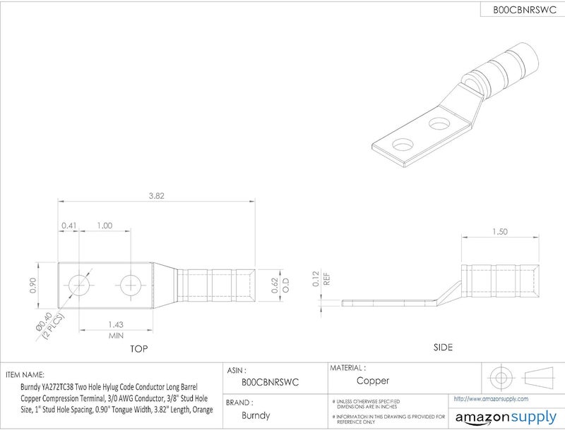 Burndy YA272TC38 Two Hole Hylug Code Conductor Long Barrel Copper Compression Terminal, 3/0 AWG Conductor, 3/8" Stud Hole Size, 1" Stud Hole Spacing, 0.90" Tongue Width, 3.82" Length, Orange - Image 2